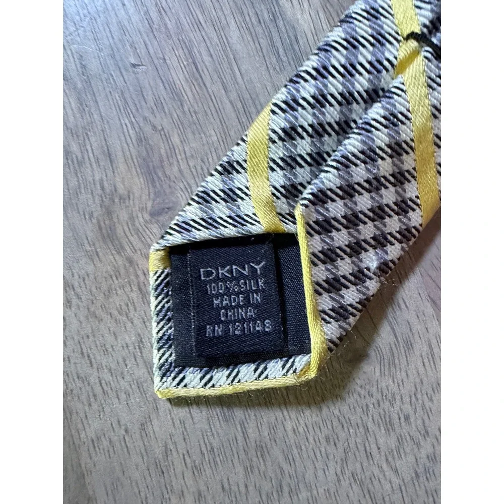 DKNY Mens Necktie 100% Silk Houndstooth‎ Striped Yellow OS